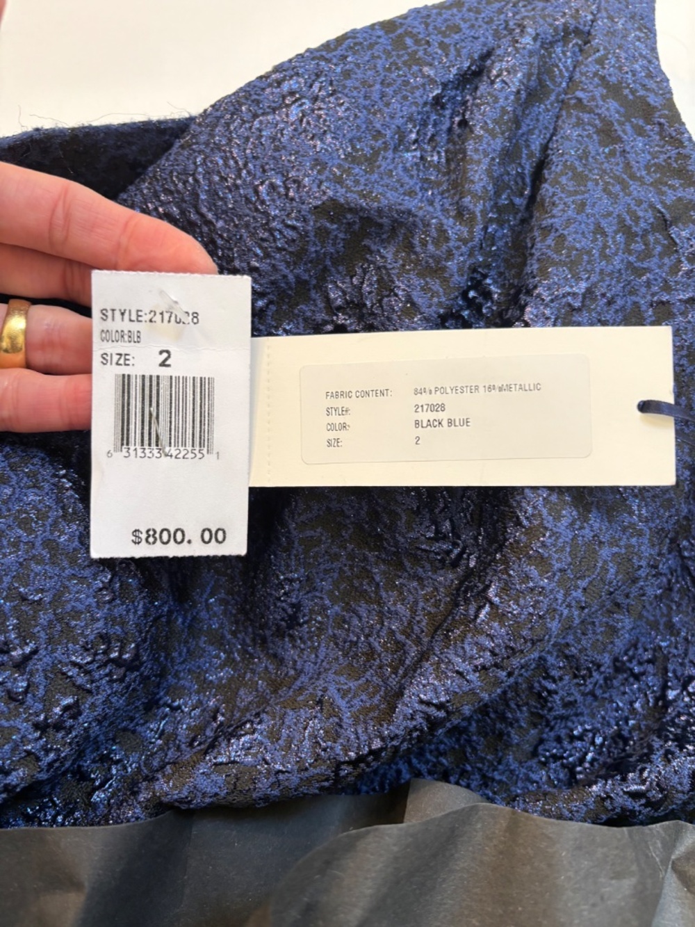 Teri Jon by Rickie Freeman Metallic One Shoulder Jacquard Gown Size 2 Black Blue - Picture 4 of 10